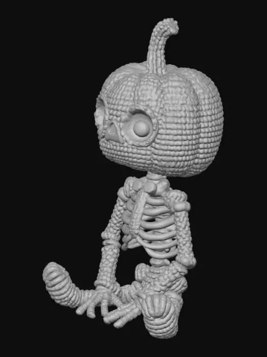 3D model for A cozy, handcrafted 3D Halloween skeleton with a pumpkin head, designed in the style of a knitted or crocheted amigurumi toy. The pumpkin head has a friendly yet spooky carved face, with visible yarn fibers, soft wool texture, and small handmade imperfections. The cream-colored skeleton body is fully crocheted, with detailed loops and interwoven strands. The character is sitting — either cross-legged or with legs outstretched — in a relaxed, cute pose. The overall style is warm, whimsical, and slightly eerie, like a handmade Halloween collectible. Use soft, diffused lighting and gentle shadows to emphasize the yarn texture and cozy atmosphere.