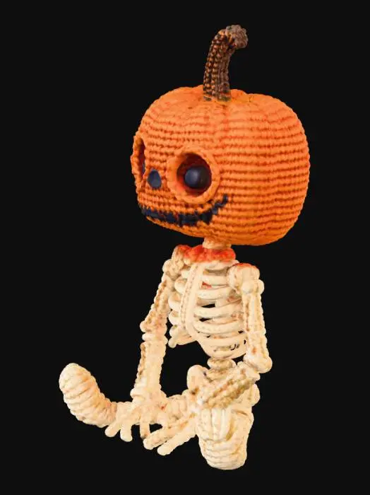 3D model for A cozy, handcrafted 3D Halloween skeleton with a pumpkin head, designed in the style of a knitted or crocheted amigurumi toy. The pumpkin head has a friendly yet spooky carved face, with visible yarn fibers, soft wool texture, and small handmade imperfections. The cream-colored skeleton body is fully crocheted, with detailed loops and interwoven strands. The character is sitting — either cross-legged or with legs outstretched — in a relaxed, cute pose. The overall style is warm, whimsical, and slightly eerie, like a handmade Halloween collectible. Use soft, diffused lighting and gentle shadows to emphasize the yarn texture and cozy atmosphere.