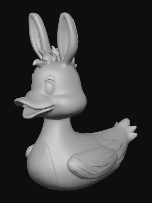 3D model for “Create a high-quality 3D model of a rubber duck styled like a donkey, designed for Jeep ducking. The duck should have a cute, playful look with donkey ears, small muzzle, and a short tufted tail. The color palette should be gray with light beige accents. The duck should be sitting upright, smiling, and have expressive eyes. Keep proportions balanced between classic rubber duck and donkey features — fun and quirky, but still clearly a rubber duck. Render in a neutral lighting environment suitable for 3D printing or display.”