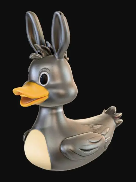 3D model for “Create a high-quality 3D model of a rubber duck styled like a donkey, designed for Jeep ducking. The duck should have a cute, playful look with donkey ears, small muzzle, and a short tufted tail. The color palette should be gray with light beige accents. The duck should be sitting upright, smiling, and have expressive eyes. Keep proportions balanced between classic rubber duck and donkey features — fun and quirky, but still clearly a rubber duck. Render in a neutral lighting environment suitable for 3D printing or display.”
