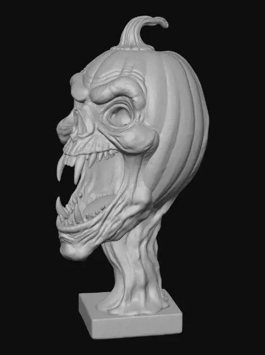 3D model for A grotesque, horrifying, partially decaying pumpkin statue with an evil, warped, sagging face — as if blasted from dark magic. The model must be fully solid and self-supporting, with no hollow interior or cut-through cavities. Eyes and mouth appear carved but remain recessed or embossed, not open holes. The surface shows thick, warped, partially decaying pumpkin texture, blending rough rind with smooth flowing deformation.

The base should be flat and stable for direct bed adhesion. Avoid thin walls or fragile drips. Emphasize a thick, solid form optimized for PLA filament printing on a Bambu P1S. Moderate polygon count for smooth slicing and reliable AMS multi-color segmentation (up to 4 colors).