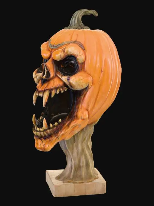 3D model for A grotesque, horrifying, partially decaying pumpkin statue with an evil, warped, sagging face — as if blasted from dark magic. The model must be fully solid and self-supporting, with no hollow interior or cut-through cavities. Eyes and mouth appear carved but remain recessed or embossed, not open holes. The surface shows thick, warped, partially decaying pumpkin texture, blending rough rind with smooth flowing deformation.

The base should be flat and stable for direct bed adhesion. Avoid thin walls or fragile drips. Emphasize a thick, solid form optimized for PLA filament printing on a Bambu P1S. Moderate polygon count for smooth slicing and reliable AMS multi-color segmentation (up to 4 colors).