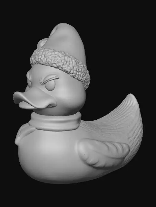 3D model for adorable stylized rubber duck, classic rubber duck silhouette, smooth rounded base, no legs or feet, festive troublemaker theme, grumpy but smug expression, sly half-smile, raised mischievous eyebrows, narrowed eyes, playful villain energy but still cute, bright green body,   Inspired by The Grinch.  smooth surface, minimal fur texture, soft sculpted cheek puffs, slightly tufted cartoon head shape. Santa hat fused to head, red scarf around neck,  no thin or fragile parts, no floating pieces, ,

subtle stylized “fuzzy” ridge suggestion only, no fine texture