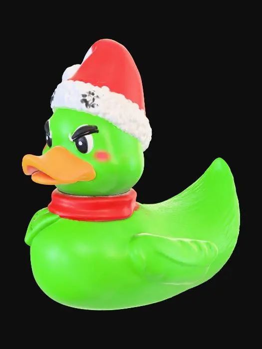 3D model for adorable stylized rubber duck, classic rubber duck silhouette, smooth rounded base, no legs or feet, festive troublemaker theme, grumpy but smug expression, sly half-smile, raised mischievous eyebrows, narrowed eyes, playful villain energy but still cute, bright green body,   Inspired by The Grinch.  smooth surface, minimal fur texture, soft sculpted cheek puffs, slightly tufted cartoon head shape. Santa hat fused to head, red scarf around neck,  no thin or fragile parts, no floating pieces, ,

subtle stylized “fuzzy” ridge suggestion only, no fine texture