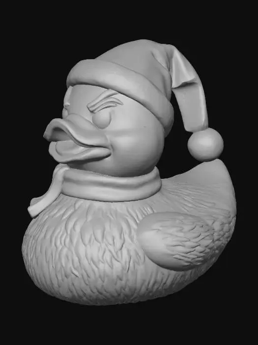 3D model for adorable stylized rubber duck, classic rubber duck silhouette, no legs or feet, festive troublemaker theme, grumpy but smug expression, sly half-smile, raised mischievous eyebrows, narrowed eyes, playful villain energy bright green body, Inspired by The Grinch. furry texture, soft sculpted cheek puffs, slightly tufted cartoon head shape. Santa hat fused to head, red scarf around neck, no thin or fragile parts, no floating pieces, ,