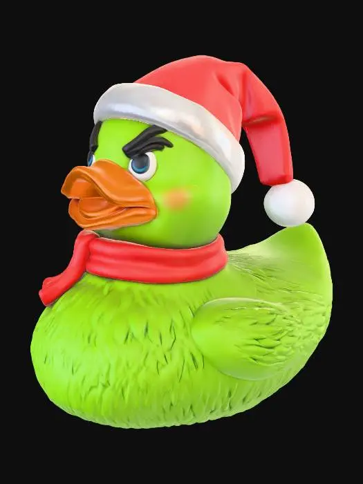 3D model for adorable stylized rubber duck, classic rubber duck silhouette, no legs or feet, festive troublemaker theme, grumpy but smug expression, sly half-smile, raised mischievous eyebrows, narrowed eyes, playful villain energy bright green body, Inspired by The Grinch. furry texture, soft sculpted cheek puffs, slightly tufted cartoon head shape. Santa hat fused to head, red scarf around neck, no thin or fragile parts, no floating pieces, ,
