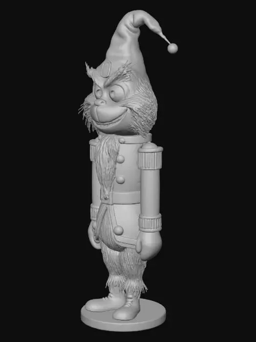 3D model for “Create a 3D holiday nutcracker figure inspired by the Grinch: tall, wooden, and in the classic nutcracker style, but with the unmistakable features of the Grinch — bright green fur, lanky body, long mischievous grin, yellow eyes with red pupils, and a slightly hunched posture. The face should look distinctly Grinch-like: pointed nose, wide smirk, expressive eyebrows, and shaggy green texture. Dress it in a festive nutcracker-style uniform that mixes red, green, gold, and whimsical trims. The figure should look like a mashup between a traditional wooden nutcracker and the Grinch, with carved-wood detailing. Stylize it as a collectible holiday figure, playful, mischievous, and clearly Grinch-inspired.”