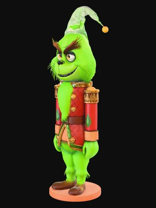 3D model for “Create a 3D holiday nutcracker figure inspired by the Grinch: tall, wooden, and in the classic nutcracker style, but with the unmistakable features of the Grinch — bright green fur, lanky body, long mischievous grin, yellow eyes with red pupils, and a slightly hunched posture. The face should look distinctly Grinch-like: pointed nose, wide smirk, expressive eyebrows, and shaggy green texture. Dress it in a festive nutcracker-style uniform that mixes red, green, gold, and whimsical trims. The figure should look like a mashup between a traditional wooden nutcracker and the Grinch, with carved-wood detailing. Stylize it as a collectible holiday figure, playful, mischievous, and clearly Grinch-inspired.”