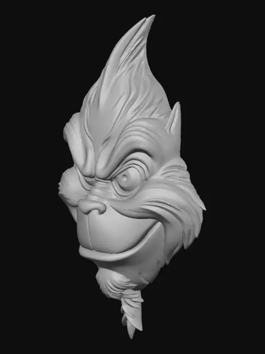 3D model for Stylized holiday villain mask bas-relief, mean and aggressive expression, graphic logo-style sculpture, hard planar shapes, sharp carved creases, exaggerated heavy brow ridge, narrow slitted eyes mostly in shadow, tight asymmetrical grin, bold simplified forms, minimal surface texture, shallow bas-relief for wall hanging, flat back, no background, no realism, designed for 3D printing.  Think Grinch inspired.