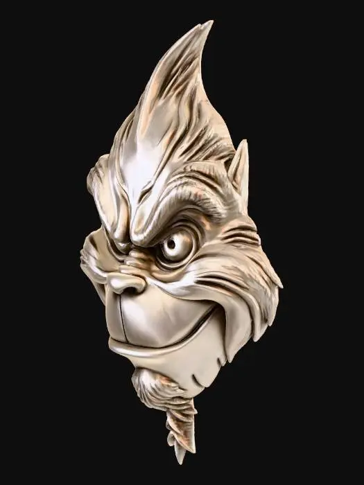 3D model for Stylized holiday villain mask bas-relief, mean and aggressive expression, graphic logo-style sculpture, hard planar shapes, sharp carved creases, exaggerated heavy brow ridge, narrow slitted eyes mostly in shadow, tight asymmetrical grin, bold simplified forms, minimal surface texture, shallow bas-relief for wall hanging, flat back, no background, no realism, designed for 3D printing.  Think Grinch inspired.