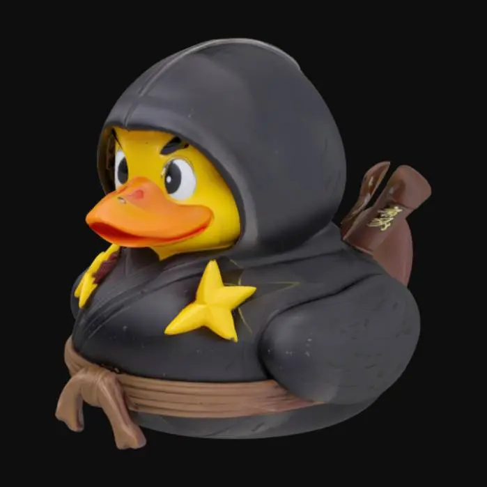 3D model for stealthy Ninja rubber duck wearing a zukin, shinobi shozoku, and holding nunchaku and a throwing star emblazoned on its chest.  