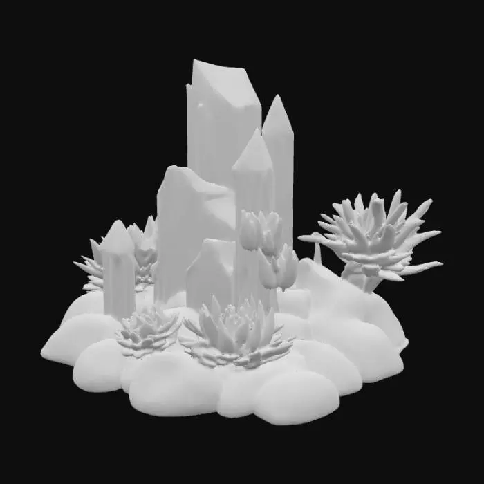3D model for modern abstract on a flat solid rocky base combining crystal shards, cactus, succulent plants, and elements of a geode
