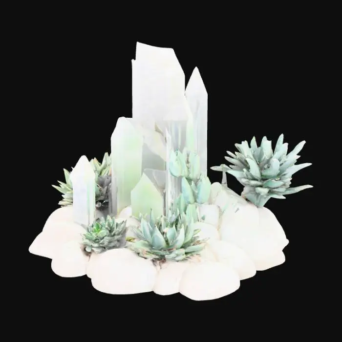 3D model for modern abstract on a flat solid rocky base combining crystal shards, cactus, succulent plants, and elements of a geode