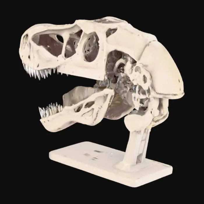 3D model for ornate mechanical T-Rex skull open jaw with teeth bared.  top jaw must have connection to bottom jaw.  no floating parts.  no loose parts.  mostly smooth surface finish.  Flat base optimized for 3d printing.
