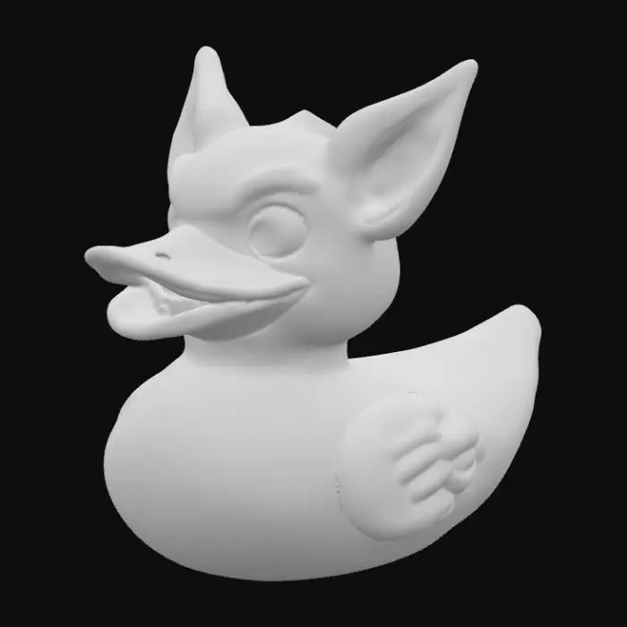 3D model for "A Labubu-inspired rubber duck character designed for 3D printing. Mischievous and slightly creepy-cute aesthetic, not soft or overly cute. The figure has long pointed ears, sharp but stylized teeth in a grin, and big expressive eyes with a sly, mischievous look. . Smooth, printable surfaces with bold, exaggerated details. One solid piece, watertight, no fragile parts. Toy-like collectible with creepy charm rather than sweet bunny vibe.