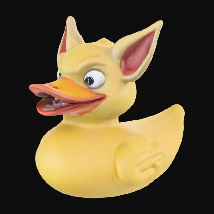 3D model for "A Labubu-inspired rubber duck character designed for 3D printing. Mischievous and slightly creepy-cute aesthetic, not soft or overly cute. The figure has long pointed ears, sharp but stylized teeth in a grin, and big expressive eyes with a sly, mischievous look. . Smooth, printable surfaces with bold, exaggerated details. One solid piece, watertight, no fragile parts. Toy-like collectible with creepy charm rather than sweet bunny vibe.