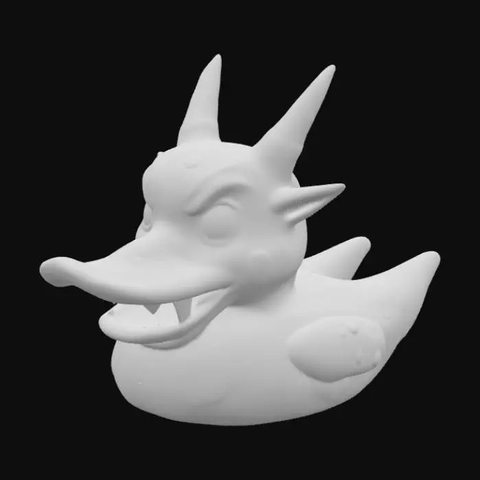 3D model for Labubu rubber duck optimized for 3D printing. Mischievous and slightly creepy-cute aesthetic. The figure has long pointed ears, sharp but stylized teeth in a grin, and oversized expressive eyes with a sly, mischievous look. . Smooth, printable surfaces with bold, exaggerated details without gaps or fragile parts. One solid watertight piece.