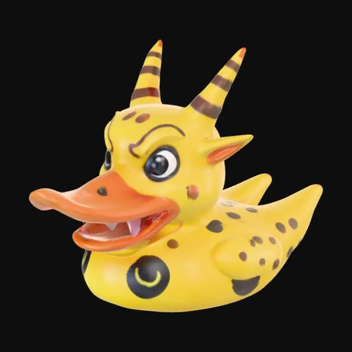 3D model for Labubu rubber duck optimized for 3D printing. Mischievous and slightly creepy-cute aesthetic. The figure has long pointed ears, sharp but stylized teeth in a grin, and oversized expressive eyes with a sly, mischievous look. . Smooth, printable surfaces with bold, exaggerated details without gaps or fragile parts. One solid watertight piece.