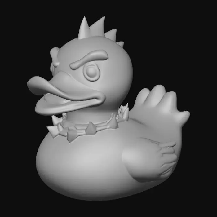 3D model for An angular, dark charcoal gray rubber duck with a matte, slightly coarse texture, giving it a hardened, almost armored appearance. Its traditional rounded body is subtly reshaped with sharper edges around the brow and tail. Twin red slits serve as its piercing eyes, and its beak is a flattened, more aggressive shape. It sports a tiny, spiked metallic collar.
Optimized for 3d printing