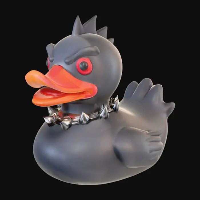 3D model for An angular, dark charcoal gray rubber duck with a matte, slightly coarse texture, giving it a hardened, almost armored appearance. Its traditional rounded body is subtly reshaped with sharper edges around the brow and tail. Twin red slits serve as its piercing eyes, and its beak is a flattened, more aggressive shape. It sports a tiny, spiked metallic collar.
Optimized for 3d printing
