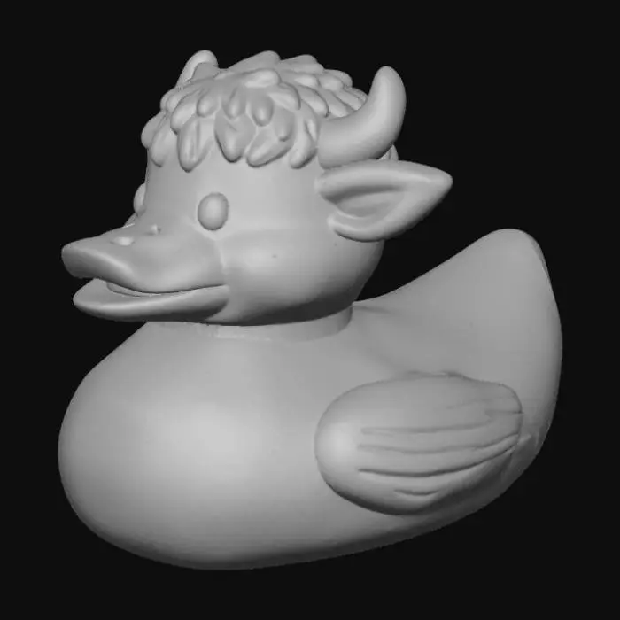 3D model for A vibrant yellow rubber duck uniquely stylized as a Highland Cow. Its classic rounded, smooth rubber duck body has a flat bottom, and it features a prominent, shaggy head adorned with sculpted reddish-brown fur details. Short, creamy off-white horns curve gently from its sides. The surface is smooth and slightly squishy to the touch, with a matte finish. Black dot eyes complete its charming, distinctive appearance.

optimized for 3d printing