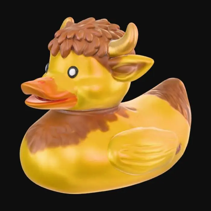 3D model for A vibrant yellow rubber duck uniquely stylized as a Highland Cow. Its classic rounded, smooth rubber duck body has a flat bottom, and it features a prominent, shaggy head adorned with sculpted reddish-brown fur details. Short, creamy off-white horns curve gently from its sides. The surface is smooth and slightly squishy to the touch, with a matte finish. Black dot eyes complete its charming, distinctive appearance.

optimized for 3d printing