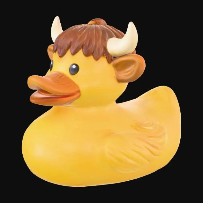 3D model for A vibrant yellow rubber duck uniquely stylized as a Highland Cow. Its classic rounded, smooth rubber duck body has a flat bottom, and it features a prominent, shaggy head adorned with sculpted reddish-brown fur details. Short, creamy off-white horns curve gently from its sides. The surface is smooth and slightly squishy to the touch, with a matte finish. Black dot eyes complete its charming, distinctive appearance.

optimized for 3d printing
