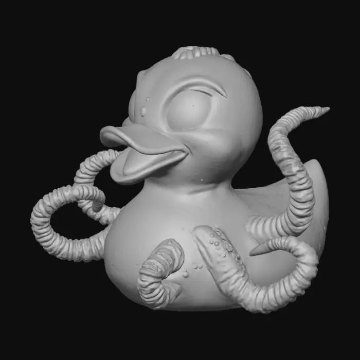 3D model for An alien parasite rubber duck, solid 3D model. Classic duck body as the base, but with a monstrous alien bursting out of its chest. Tentacles emerging in chunky, coiled shapes wrapped partly around the duck. One tentacle gripping the beak as if controlling it. Eyes wide and exaggerated for a possessed look. All tentacles thick and durable, with engraved ridges for detail. Overall creepy but cartoonish, watertight geometry, and no fragile thin part