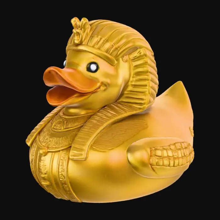 3D model for A Pharaoh rubber duck, solid 3D model. Classic rounded duck body adorned with an ancient Egyptian Nemes headdress, bold and stylized for printing. A sculpted ceremonial beard extends from the beak. Wings decorated with carved hieroglyphic patterns and ankhs in embossed relief. A staff and crook crossed across the chest, chunky and durable. Surface detailed with simple geometric engraving for texture. Watertight geometry, bold forms, and no fragile thin parts