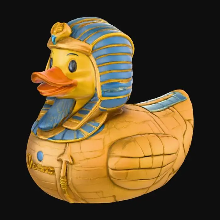 3D model for A Pharaoh-themed mummified rubber duck, solid 3D model for printing. The classic rounded duck body is partially wrapped in aged, linen-like bandages, revealing hints of faded gold plastic beneath. The duck wears an ancient Egyptian Nemes headdress, bold and stylized, with a sculpted ceremonial beard extending from the beak. Deeply recessed, hollow eyes add a mysterious, undead aura. Its wings are adorned with carved hieroglyphic patterns and embossed ankhs, worn as if by centuries of age. Across the chest, a chunky staff and crook are crossed, partially entangled in the bandages. The surface features subtle cracks and simple geometric engravings for texture. The model should be watertight, with bold, durable forms and no thin or fragile elements.
optimized for 3d printing