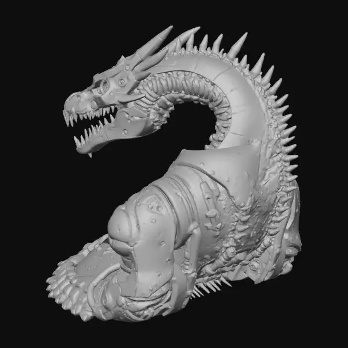 3D model for A highly detailed cyberpunk dragon skull, designed for 3D printing. The skull should have biomechanical and cybernetic elements integrated into the bone — glowing lines, metal plating, exposed circuits, and tubing. Sharp horns and jaw structure, reinforced with steel-like exoskeleton features. Maintain anatomical realism of a dragon’s skull, with futuristic augmentations and engravings in a cyberpunk aesthetic. Include layered mechanical textures, vents, and light panels along the skull ridges. The model should be watertight, solid, and printable without thin floating parts. 3D printable sculpture, high-detail STL style, cinematic lighting for render preview.