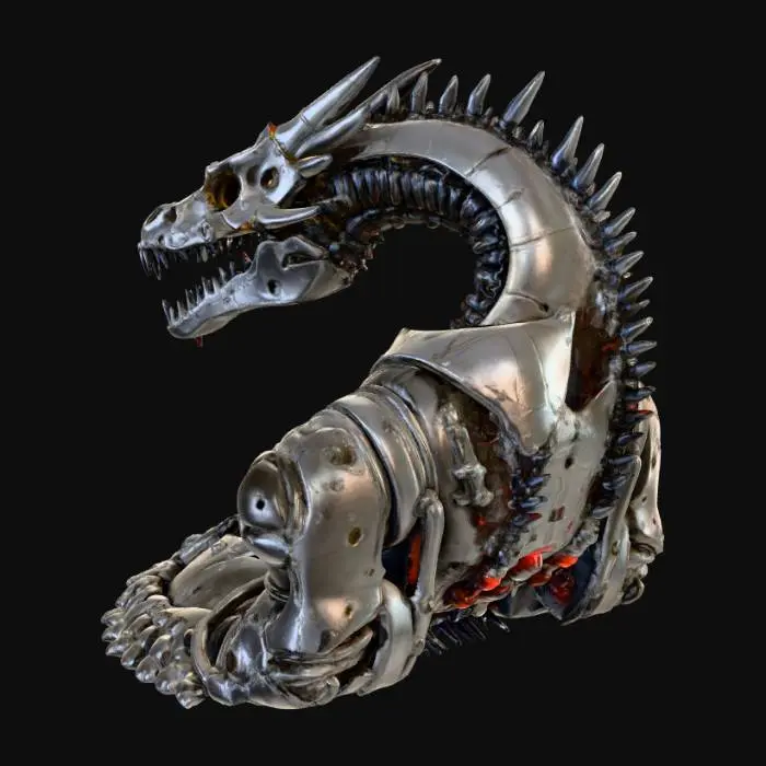 3D model for A highly detailed cyberpunk dragon skull, designed for 3D printing. The skull should have biomechanical and cybernetic elements integrated into the bone — glowing lines, metal plating, exposed circuits, and tubing. Sharp horns and jaw structure, reinforced with steel-like exoskeleton features. Maintain anatomical realism of a dragon’s skull, with futuristic augmentations and engravings in a cyberpunk aesthetic. Include layered mechanical textures, vents, and light panels along the skull ridges. The model should be watertight, solid, and printable without thin floating parts. 3D printable sculpture, high-detail STL style, cinematic lighting for render preview.
