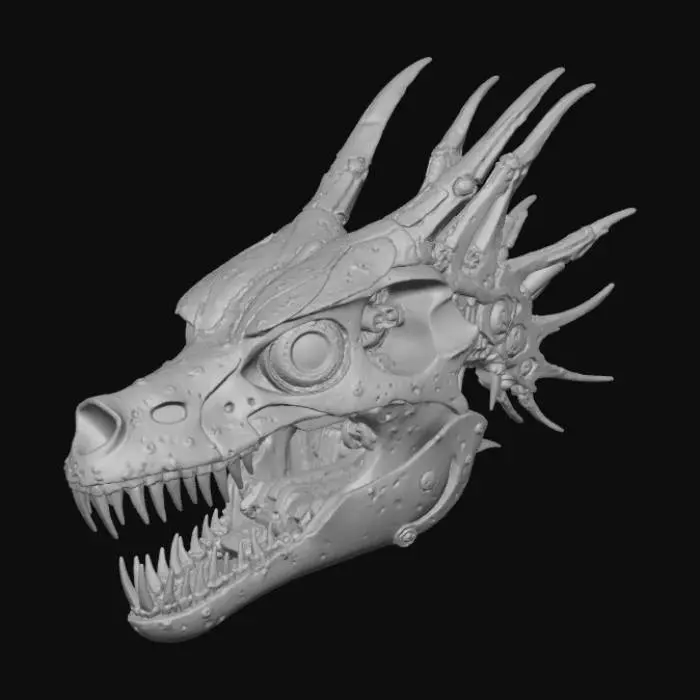 3D model for A highly detailed cyberpunk dragon skull sculpture, designed specifically for 3D printing. The skull should feature biomechanical and cybernetic elements seamlessly fused into realistic bone structure — including metal plating, exposed circuitry, embedded tubing, vents, and layered mechanical engravings. Integrate glowing line channels and light panel recesses along the skull ridges for a futuristic look.

The anatomy should retain the realistic proportions and contours of a dragon’s skull, but enhanced with reinforced steel-like exoskeletal plates, sharp but printable horns, and a robust jawline engineered for physical stability.