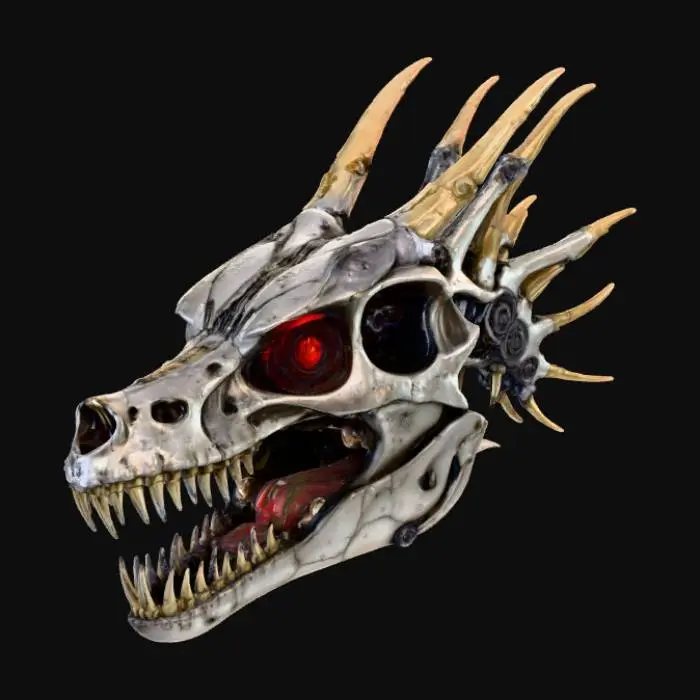 3D model for A highly detailed cyberpunk dragon skull sculpture, designed specifically for 3D printing. The skull should feature biomechanical and cybernetic elements seamlessly fused into realistic bone structure — including metal plating, exposed circuitry, embedded tubing, vents, and layered mechanical engravings. Integrate glowing line channels and light panel recesses along the skull ridges for a futuristic look.

The anatomy should retain the realistic proportions and contours of a dragon’s skull, but enhanced with reinforced steel-like exoskeletal plates, sharp but printable horns, and a robust jawline engineered for physical stability.