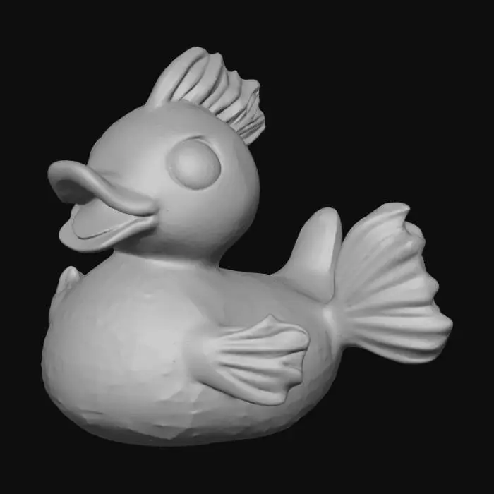 3D model for “Create a highly detailed 3D model of a rubber duck designed to look like a koi fish, intended for Jeep ducking. The model should have the body shape of a rubber duck, but with realistic koi textures and coloration — white base with orange, red, and black patches arranged naturally like koi scales. The surface should look like smooth rubber with a soft satin finish, not wet or metallic.
Add subtle scale texture molded into the surface (not photoreal fish scales), delicate translucent fins and tail inspired by koi anatomy, and a slightly glossy orange duck bill. The eyes should be shiny and lifelike, evoking the look of koi eyes but still friendly like a toy.