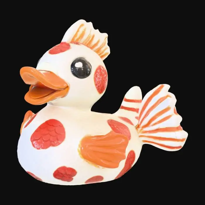 3D model for “Create a highly detailed 3D model of a rubber duck designed to look like a koi fish, intended for Jeep ducking. The model should have the body shape of a rubber duck, but with realistic koi textures and coloration — white base with orange, red, and black patches arranged naturally like koi scales. The surface should look like smooth rubber with a soft satin finish, not wet or metallic.
Add subtle scale texture molded into the surface (not photoreal fish scales), delicate translucent fins and tail inspired by koi anatomy, and a slightly glossy orange duck bill. The eyes should be shiny and lifelike, evoking the look of koi eyes but still friendly like a toy.
