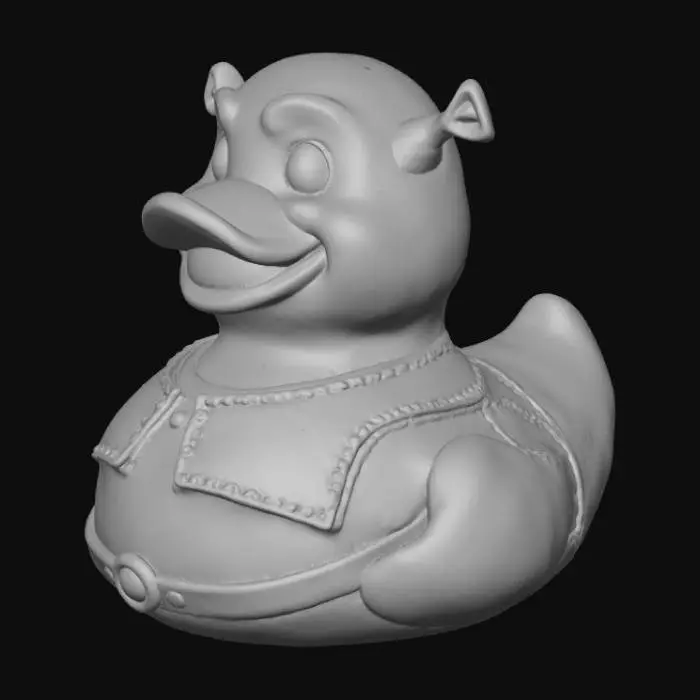 3D model for Create a Shrek-themed rubber duck designed for Jeep ducking. The duck should have the recognizable features of Shrek — green skin, friendly ogre face, small round ears sticking out from the sides of its head, and a soft grin. The body should keep the classic rubber duck shape and size. Outfit the duck in Shrek’s brown vest, white tunic, and brown belt, but simplified to fit the duck’s rounded form. Use smooth textures like rubber or soft vinyl, with slightly glossy surfaces.

The style should be cute, fun, and collectible, ideal for gifting or dashboard display.