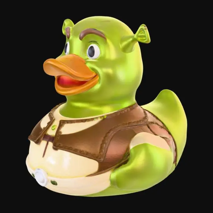 3D model for Create a Shrek-themed rubber duck designed for Jeep ducking. The duck should have the recognizable features of Shrek — green skin, friendly ogre face, small round ears sticking out from the sides of its head, and a soft grin. The body should keep the classic rubber duck shape and size. Outfit the duck in Shrek’s brown vest, white tunic, and brown belt, but simplified to fit the duck’s rounded form. Use smooth textures like rubber or soft vinyl, with slightly glossy surfaces.

The style should be cute, fun, and collectible, ideal for gifting or dashboard display.