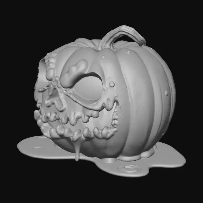3D model for “A grotesque, melting jack-o’-lantern pumpkin with a distorted, sagging face, as if partially liquefied by dark magic or extreme heat. The carved eyes and mouth appear to drip downward, creating stretched, organic shapes. The pumpkin’s surface has realistic, wrinkled texture, with areas of smooth melt flow and rougher pumpkin skin. Candlelight glows from inside, illuminating the melted contours and pooling wax-like drips at the base. Designed for 3D printing, with stable form and moderate poly count suitable for scaling from small tabletop décor to large yard props.”

Style Tags:
horror, melting, Halloween, organic, 3d printable, creepy, realistic, jack-o-lantern, cursed pumpkin