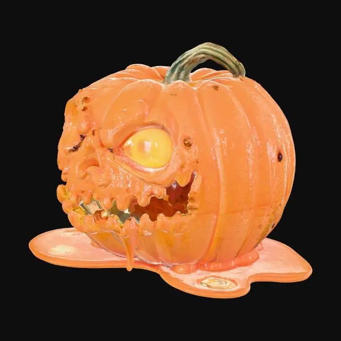 3D model for “A grotesque, melting jack-o’-lantern pumpkin with a distorted, sagging face, as if partially liquefied by dark magic or extreme heat. The carved eyes and mouth appear to drip downward, creating stretched, organic shapes. The pumpkin’s surface has realistic, wrinkled texture, with areas of smooth melt flow and rougher pumpkin skin. Candlelight glows from inside, illuminating the melted contours and pooling wax-like drips at the base. Designed for 3D printing, with stable form and moderate poly count suitable for scaling from small tabletop décor to large yard props.”

Style Tags:
horror, melting, Halloween, organic, 3d printable, creepy, realistic, jack-o-lantern, cursed pumpkin