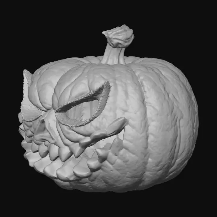 3D model for A grotesque, horrifying, partially liquefied demonically possessed jack-o’-lantern pumpkin with an evil warped, sagging face — as if melting from intense dark magic. The carved dead eyes and mouth stretch and drip downward, forming distorted, organic shapes. The pumpkin skin shows realistic wrinkling and subtle surface variation, blending rough rind texture with smooth, melted flow. Internal light emits a warm, eerie glow that highlights the deformed contours and pools of blood red wax-like residue at the base. The model should maintain a stable, printable form with moderate polygon density, optimized for both small tabletop prints and large outdoor props.   no thin parts