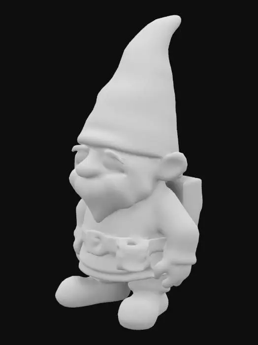 3D model for traveling gnome that loves adventure, friendly, cherubic, cone hat, emerald green eyes, cloth textures, simple colors, belt, backpack