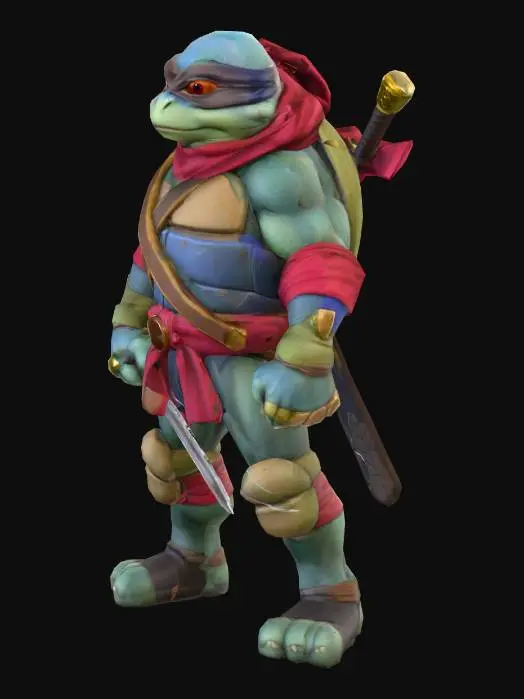 3D model for High-poly stylized 3D character model of Leonardo from the classic 1990s Teenage Mutant Ninja Turtles animated series. Stylized cartoon proportions, highly detailed textures, cel-shaded aesthetic, ready for game engine.