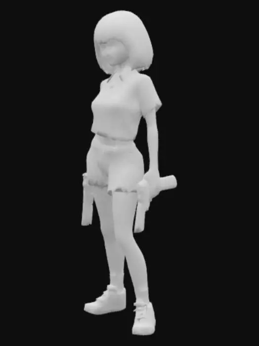3D model for Schoolgirl/ gym clothes/ bloomer/ gun in right hand/ knife in left hand/ torn clothes/ bloodstain clothe/ short hair/ red eyes/ 