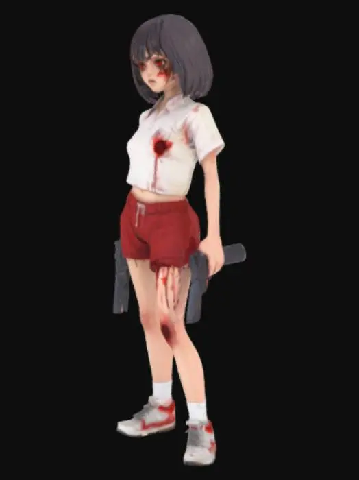 3D model for Schoolgirl/ gym clothes/ bloomer/ gun in right hand/ knife in left hand/ torn clothes/ bloodstain clothe/ short hair/ red eyes/ 