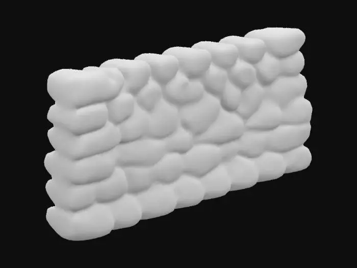 3D model for  stone wall composed of unevenly shaped, rounded stones with a rough texture, fitted closely together, and intricate detail, Rough, Irregular, Stone,  Realistic