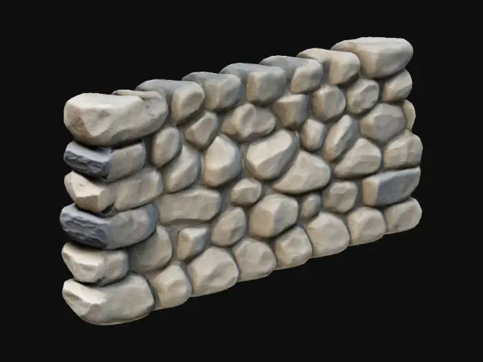 3D model for  stone wall composed of unevenly shaped, rounded stones with a rough texture, fitted closely together, and intricate detail, Rough, Irregular, Stone,  Realistic