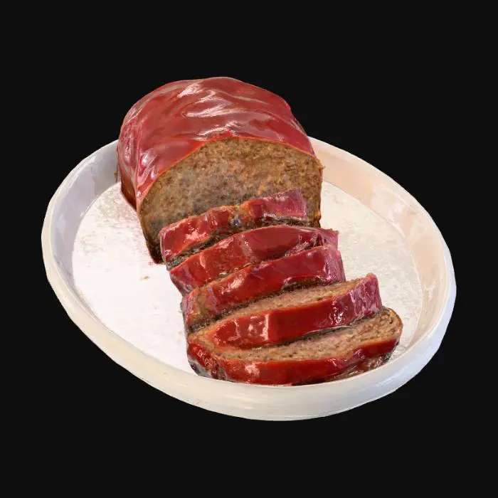 3D model for A realistic food photography scene of a freshly baked meatloaf with a glossy tomato sauce on top, slightly caramelized from baking. The meatloaf is sliced to reveal a moist interior with visible pieces of onion and small crumbled croutons or crackers mixed in. Next to the meatloaf, a generous serving of creamy mashed potatoes topped with rich brown gravy sits on the plate. The lighting should emphasize the warm, home-cooked comfort food style, making the meatloaf and mashed potatoes look hearty and appetizing. Ultra-detailed, realistic textures of the baked tomato glaze, the fluffy mashed potatoes, and the glossy gravy., #food#