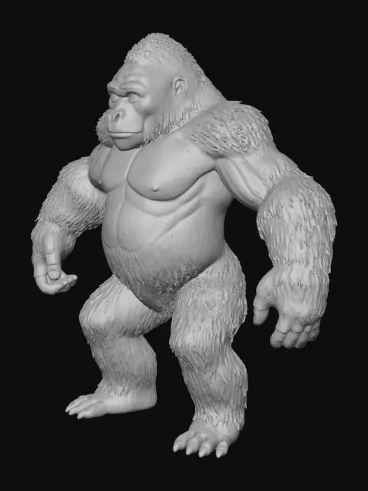 3D model for A massive full-grown silverback gorilla in a neutral T-pose, standing upright on flat ground. Extremely realistic muscle definition, thick chest, wide shoulders, dense fur texture with subtle silver streaks along the back and arms. Face should look natural and serious, not smiling, with deep-set eyes and a strong brow ridge. Lighting should be dramatic but natural, like soft studio lighting that highlights the body structure. The background should be plain and minimal, no distractions, to clearly showcase the gorilla's size and anatomy. Ultra-detailed, high-resolution, lifelike proportions, no cartoon style.