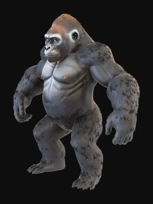 3D model for A massive full-grown silverback gorilla in a neutral T-pose, standing upright on flat ground. Extremely realistic muscle definition, thick chest, wide shoulders, dense fur texture with subtle silver streaks along the back and arms. Face should look natural and serious, not smiling, with deep-set eyes and a strong brow ridge. Lighting should be dramatic but natural, like soft studio lighting that highlights the body structure. The background should be plain and minimal, no distractions, to clearly showcase the gorilla's size and anatomy. Ultra-detailed, high-resolution, lifelike proportions, no cartoon style.